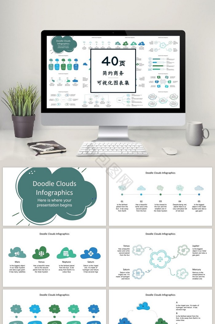 可爱云朵图表40页图表合集PPT模板图片