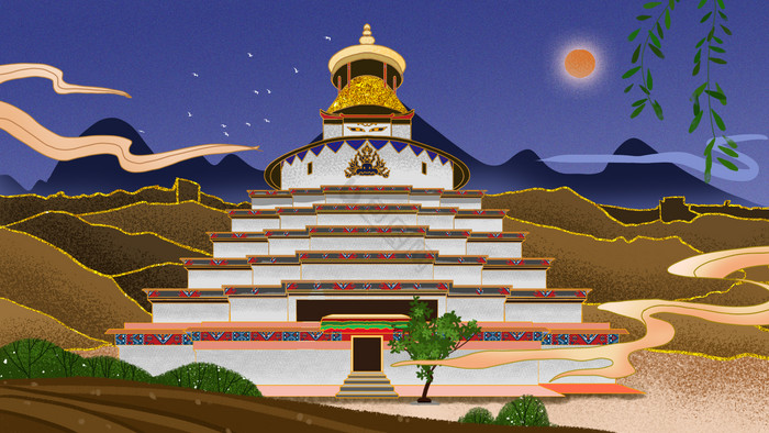 金色西藏白居寺插画图片