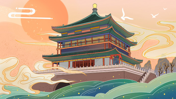 橙国风新年西安钟楼插画