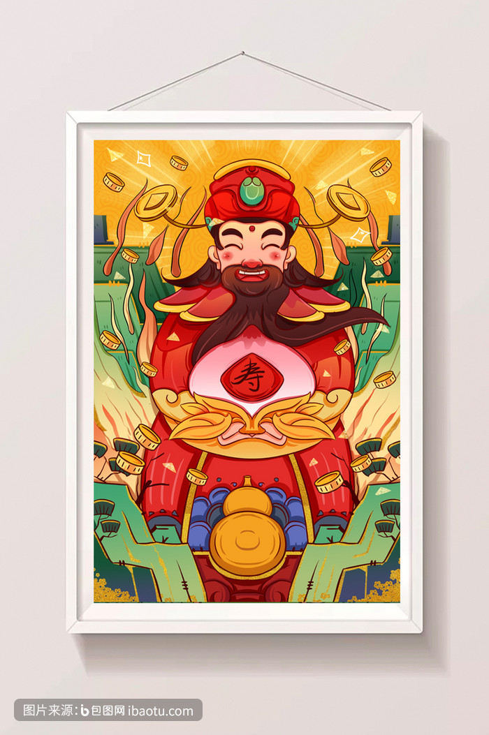 手绘国风牛年寿比南山年画长寿财神插画,包图网,图片,素材,模板,免费