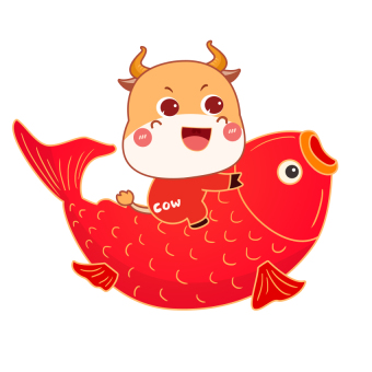 红色喜庆卡通牛坐锦鲤gif图