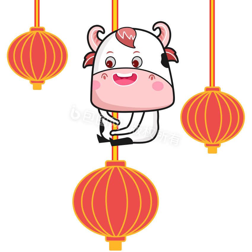 红色喜庆卡通牛坐灯笼gif图