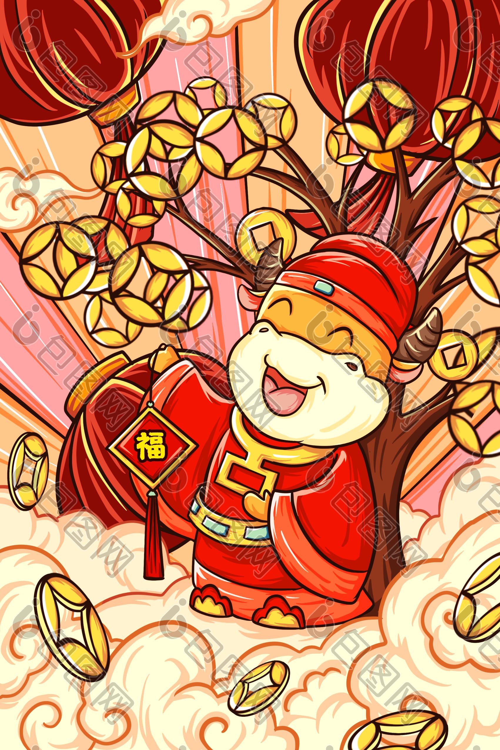 红色喜庆中国风牛年贺图年画插画