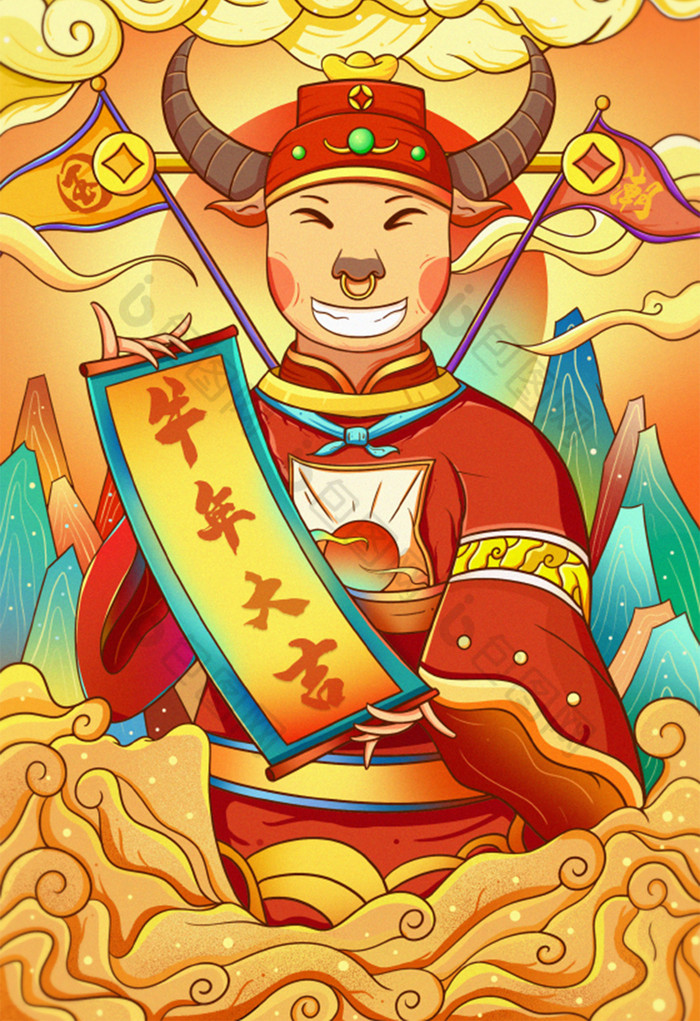 牛年春节年画肌理插画