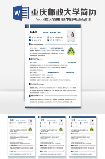 简约重庆邮政大学个人求职简历Word模板图片