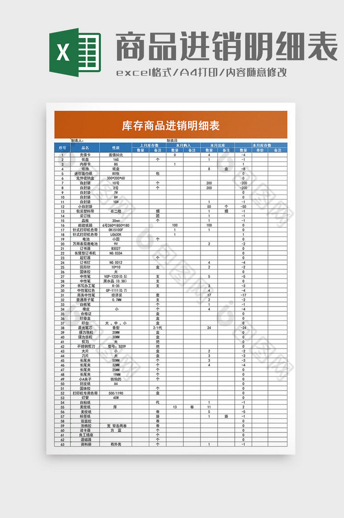 库存商品进销明细表excel模板