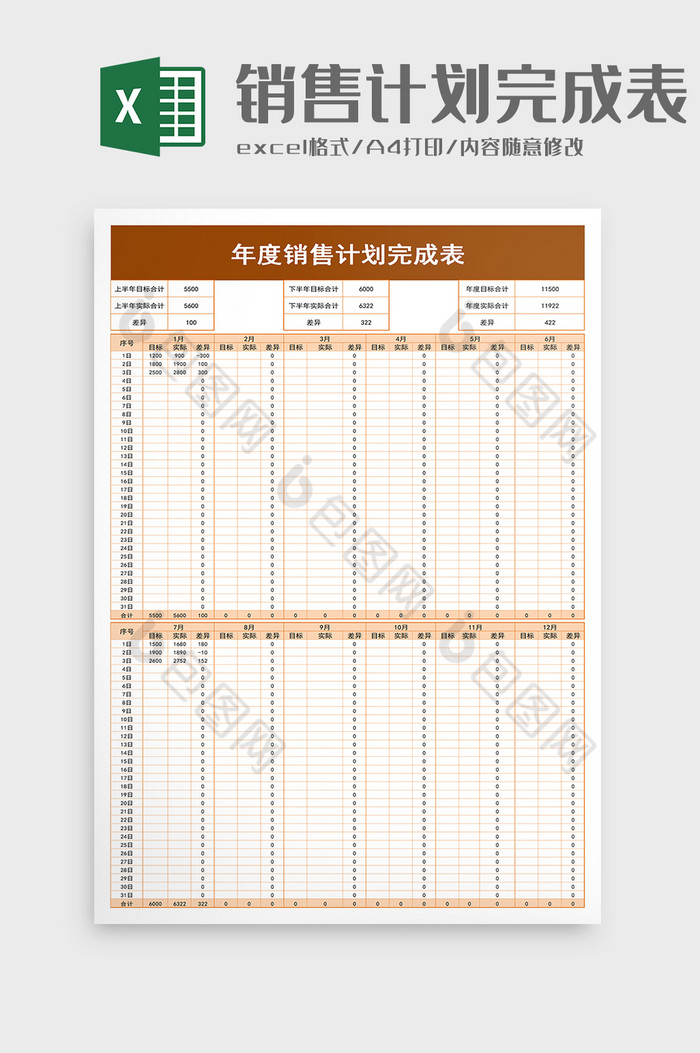 年度销售计划完成表excel模板图片图片