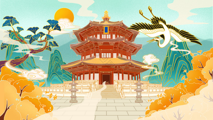 中式古风花窗楼阁古松书案宫灯花瓶背景墙暖色调古风人物燕子古松插画