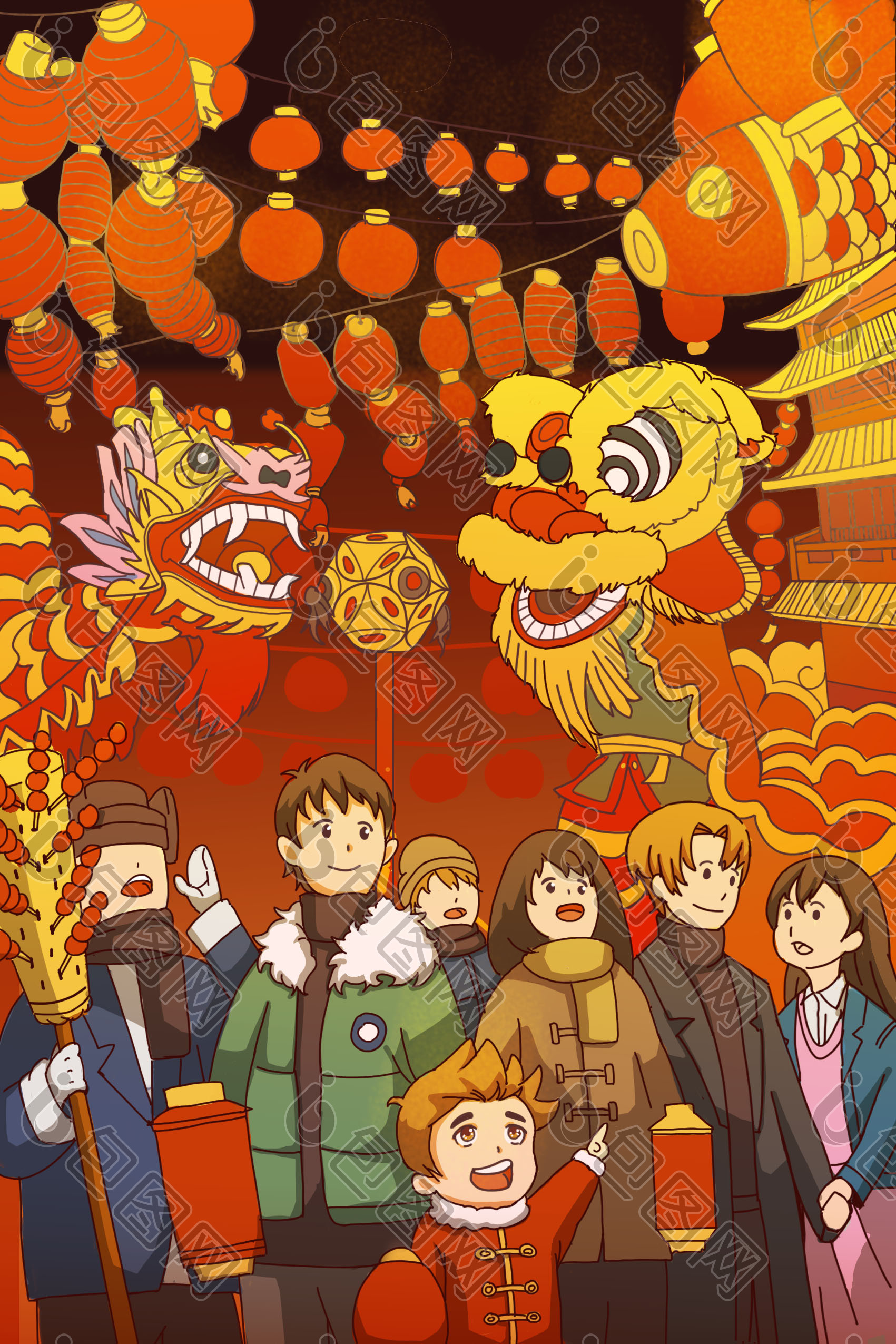 红色喜庆灯笼元宵节插画