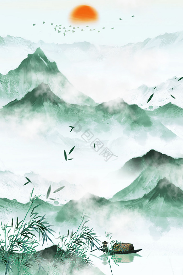 水墨山水意境武侠云雾竹子渔夫