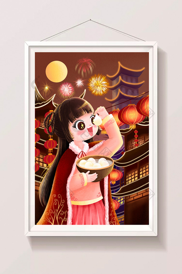 唯美温馨中国风元宵节俏皮女孩插画
