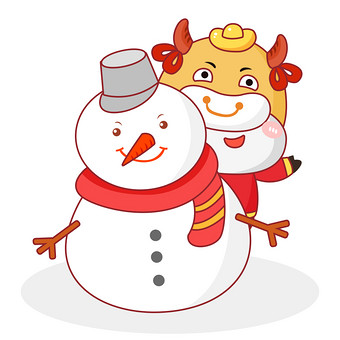 红色喜庆卡通牛堆雪人gif图