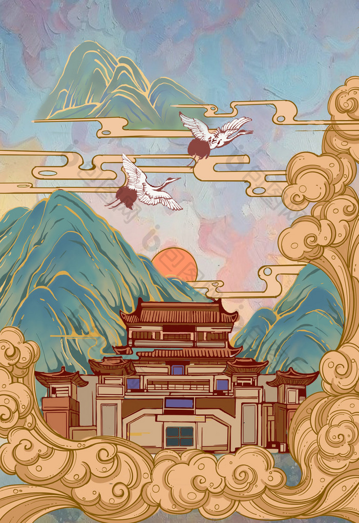 蓝灰色调复古中国风建筑风景插画