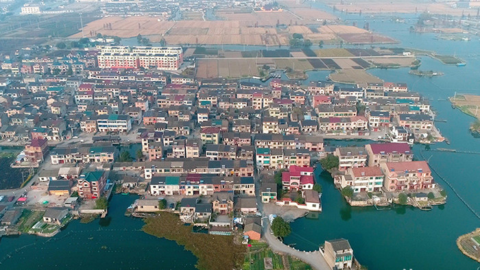 航拍浙江绍兴湿地村落景区