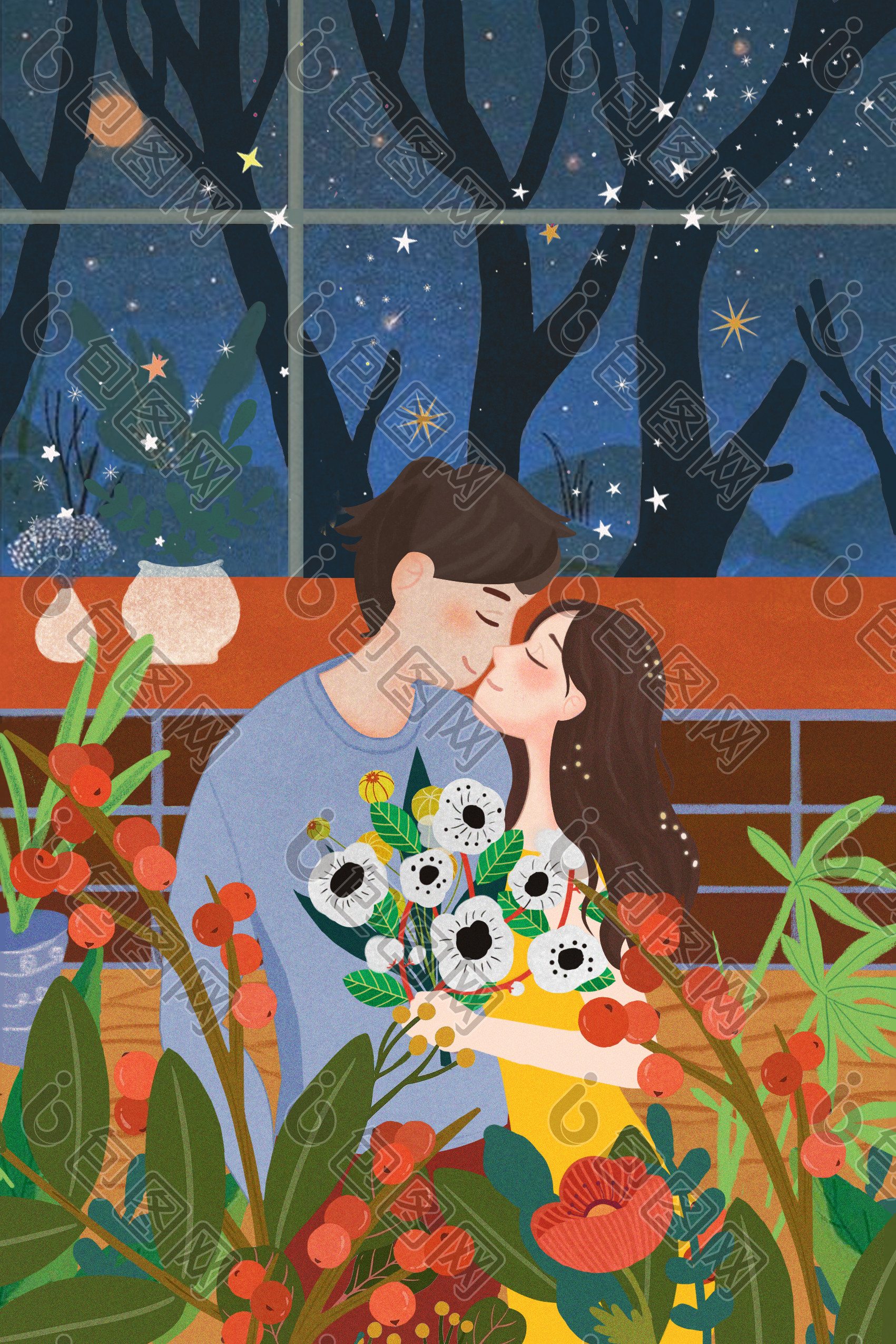 情侣拥抱亲吻情人节七夕花朵植物星空插画