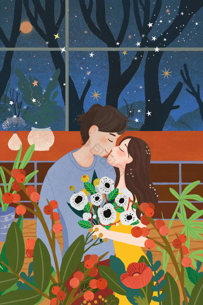 情侣拥抱亲吻情人节七夕花朵植物星空插画