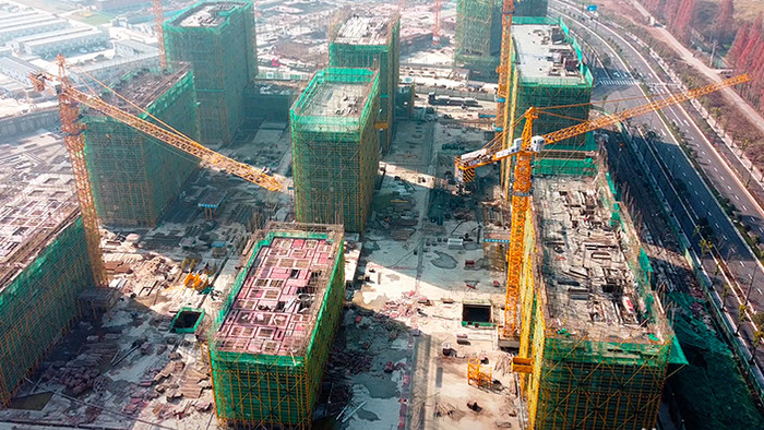 航拍杭州城市建设大型工地