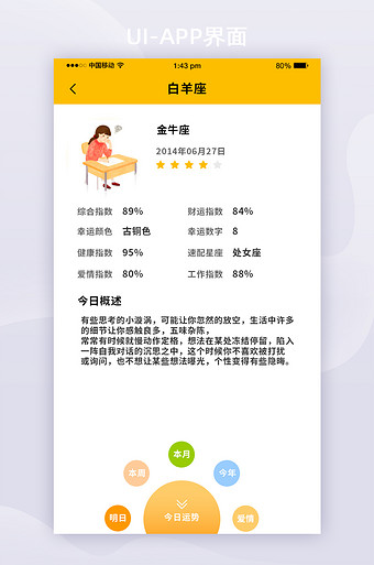 全套移动app界面黄色简约星座详情页面