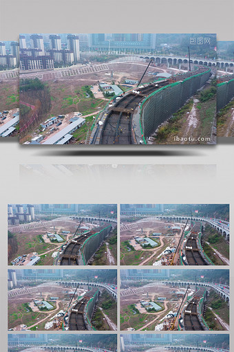 4K航拍高架桥公路建设工地钢管架工人铺设图片