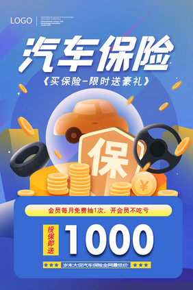 时尚大气蓝色金币汽车保险宣传海报