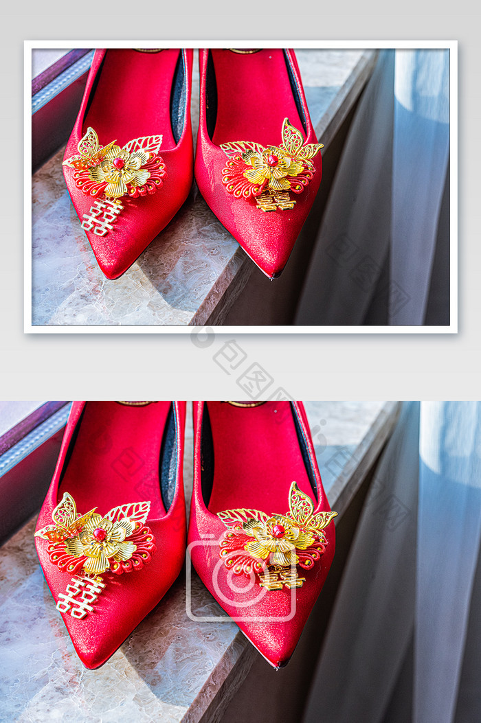 中式婚礼新鞋摆放在窗台上