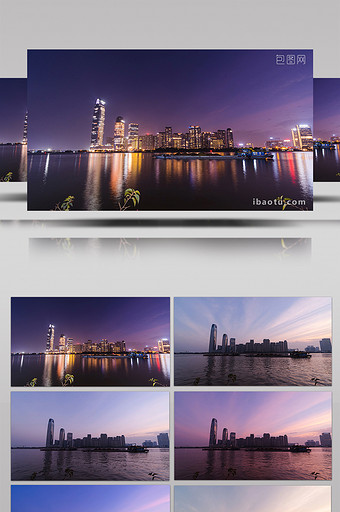 大气城市江边风景日转夜延时摄影图片