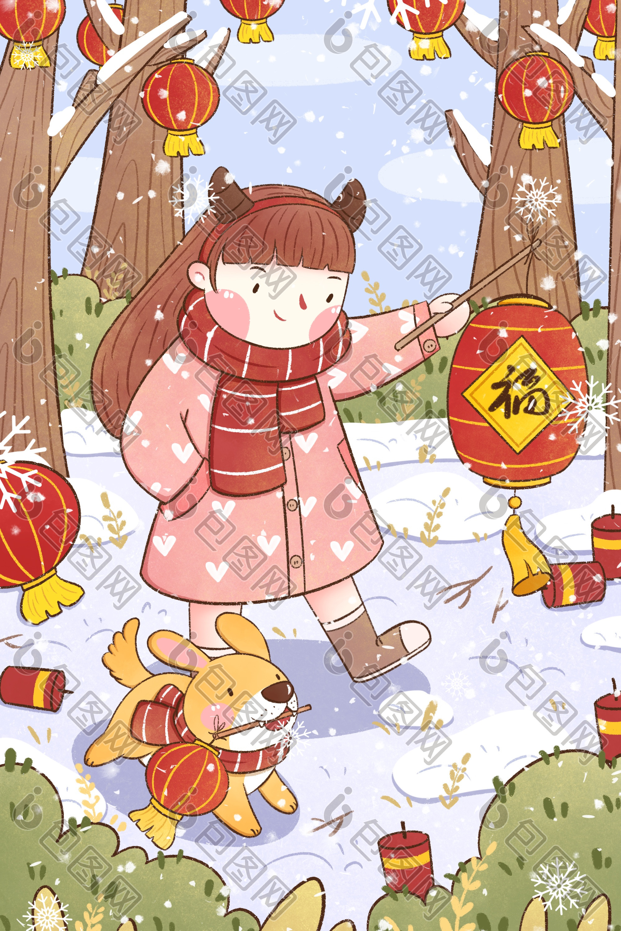 2021牛年女孩与小狗提灯笼插画图片