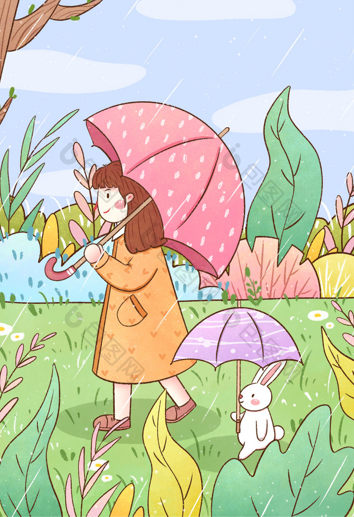 清新卡通雨水节气女孩与兔子插画