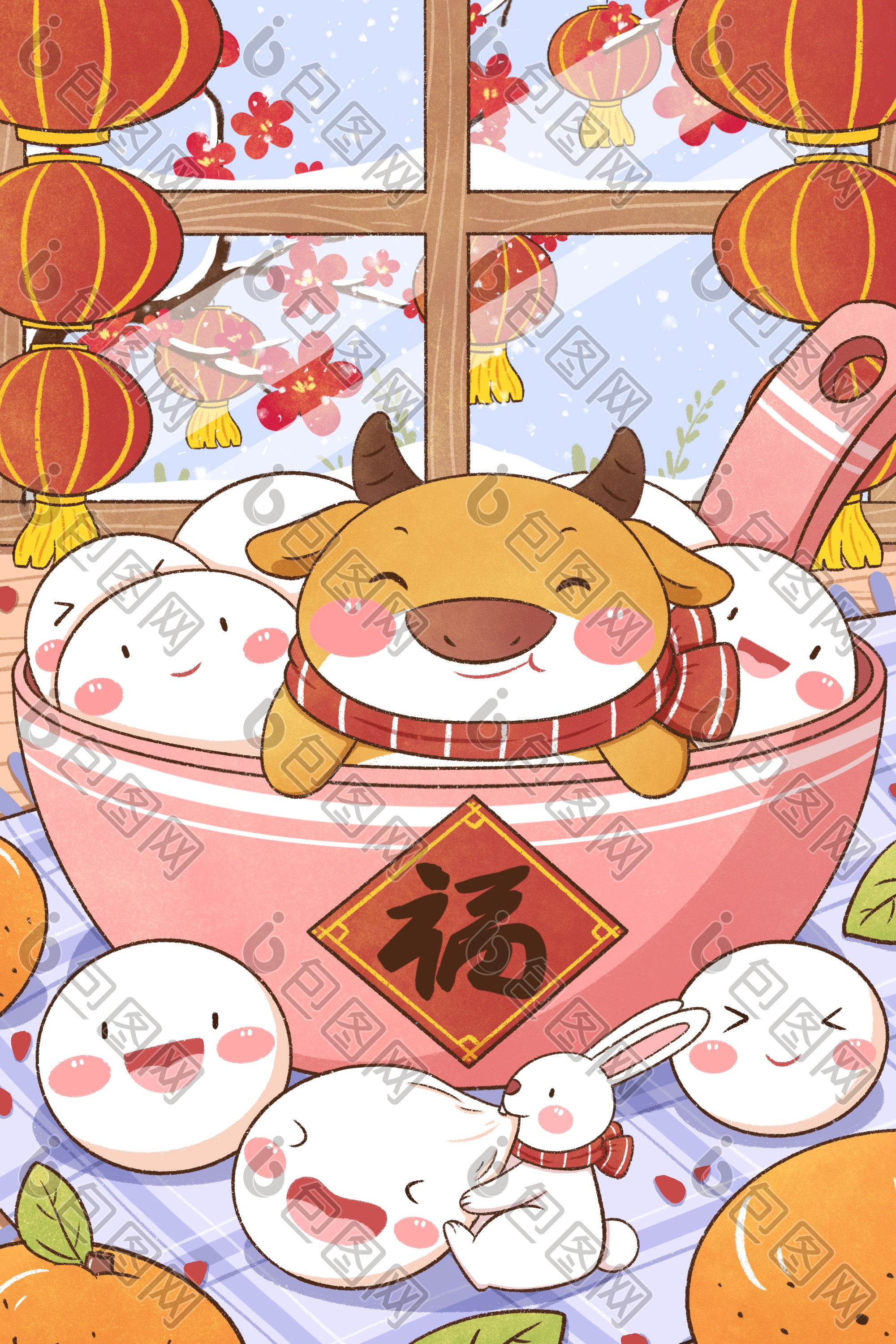 2021清新卡通元宵节吃汤圆插画