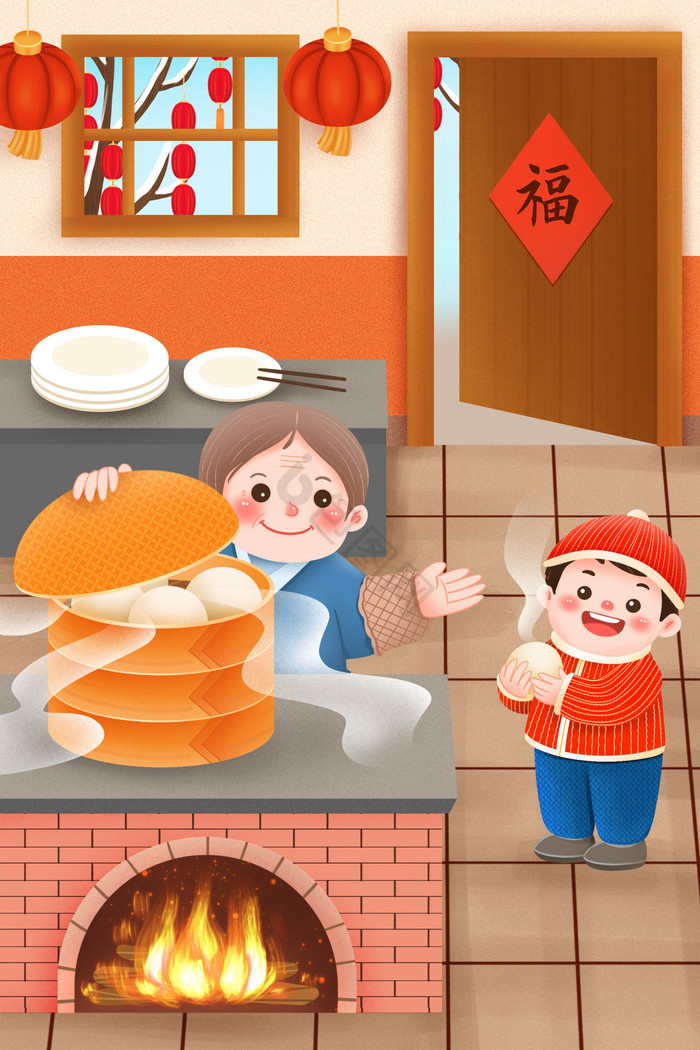 中国新年年俗蒸馒头插画图片
