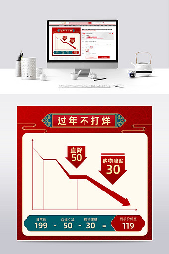 过年不打烊复古红色价格曲线主图模板图片