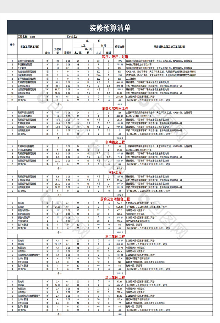 装修预算清单excel模板
