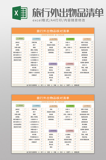 旅行外出物品核对清单excel模板图片