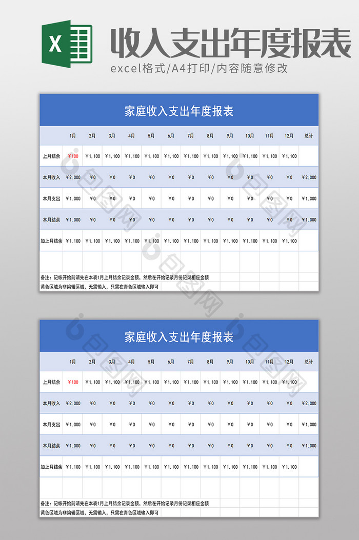 家庭收入支出年度报表excel模板