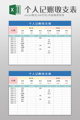 个人记账收支表excel模板图片