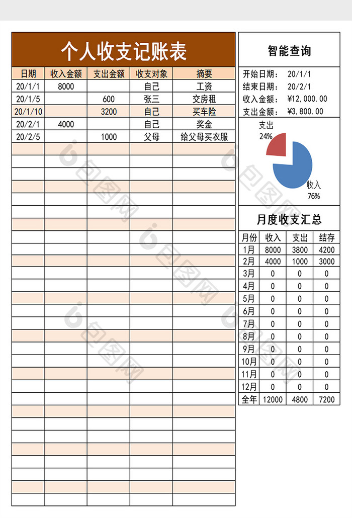 个人收支记账表excel模板