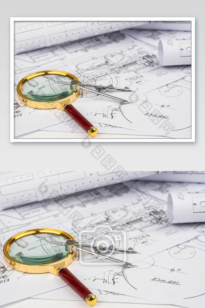 机械房建图纸和放大镜图片图片