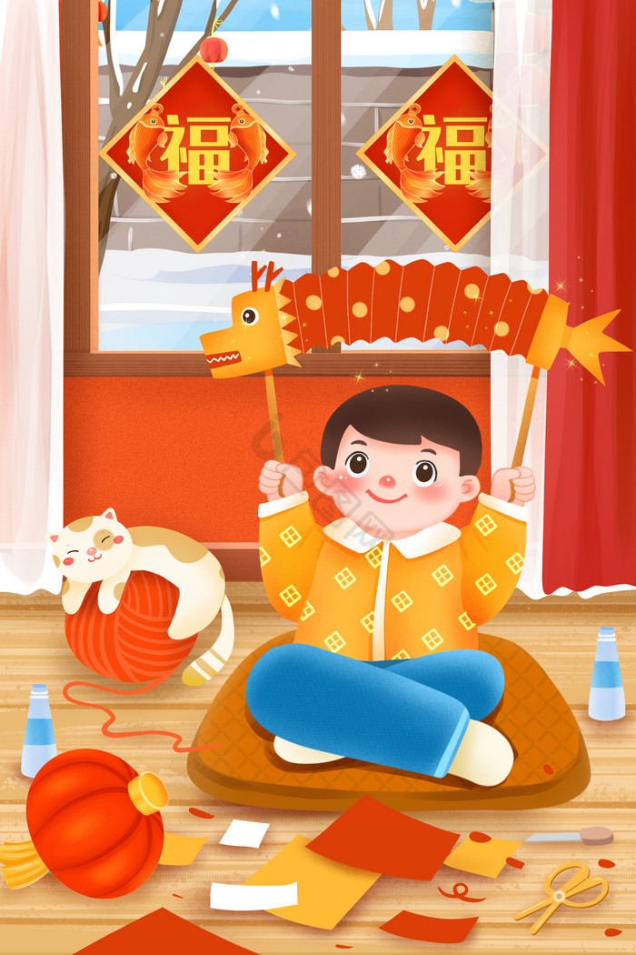 中国新年年俗做花灯龙灯插画图片