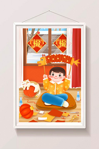 中国新年年俗做花灯龙灯插画图片