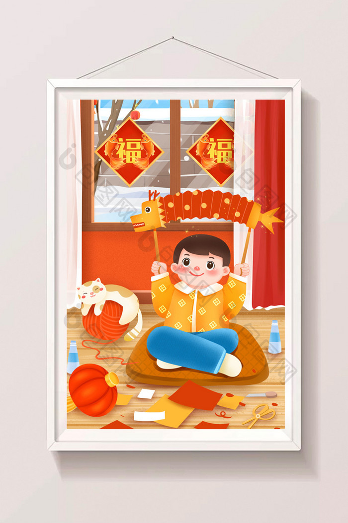 中国新年年俗做花灯龙灯插画