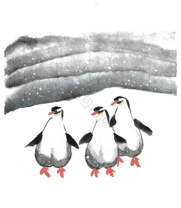 水墨动物企鹅插画图片