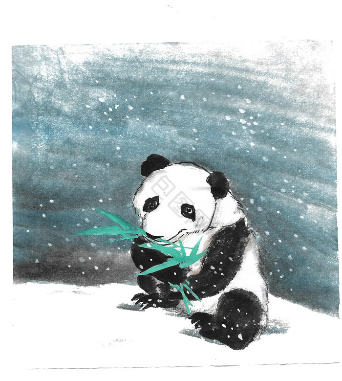 水墨熊猫吃竹子插画图片