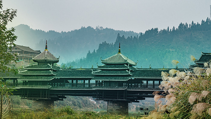 4K侗乡青色古风风雨桥延时摄影