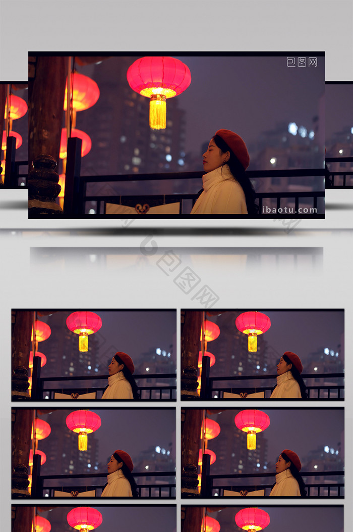 4K实拍中国年味红灯笼下的美女慢慢睁开眼