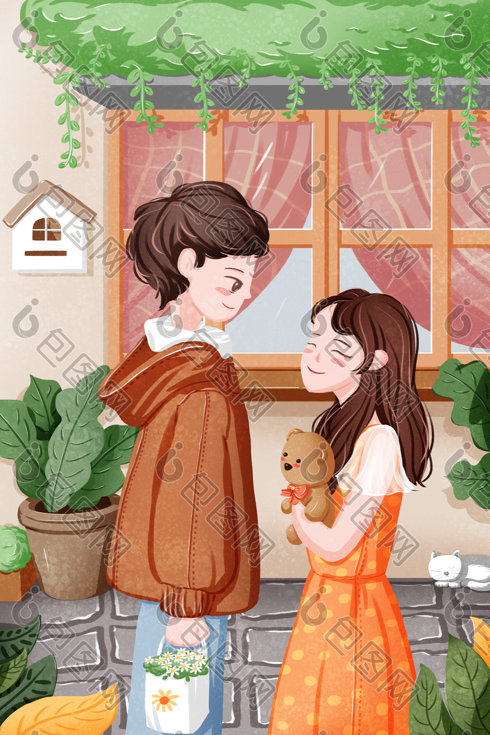 暖色调温馨浪漫唯美甜蜜情人节情侣插画