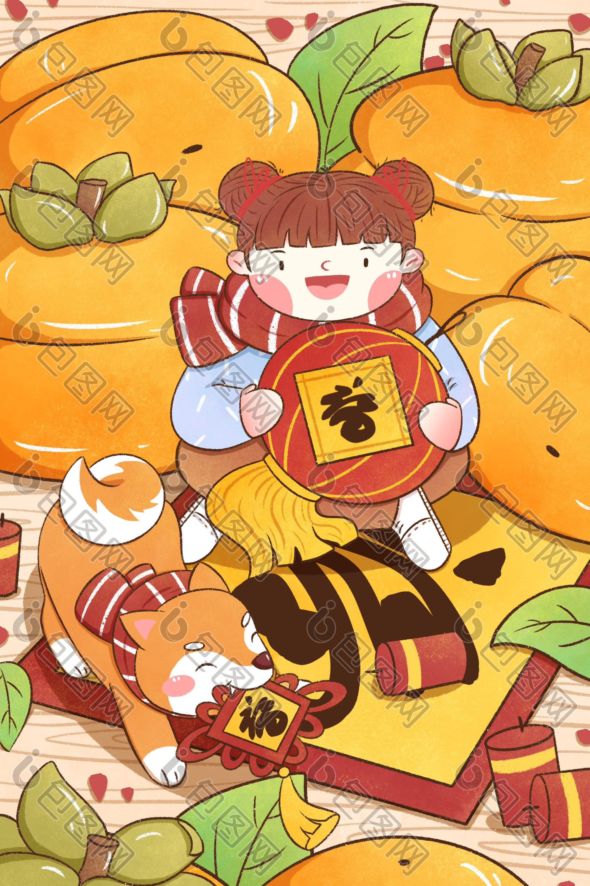2021喜庆牛年女孩柿子插画