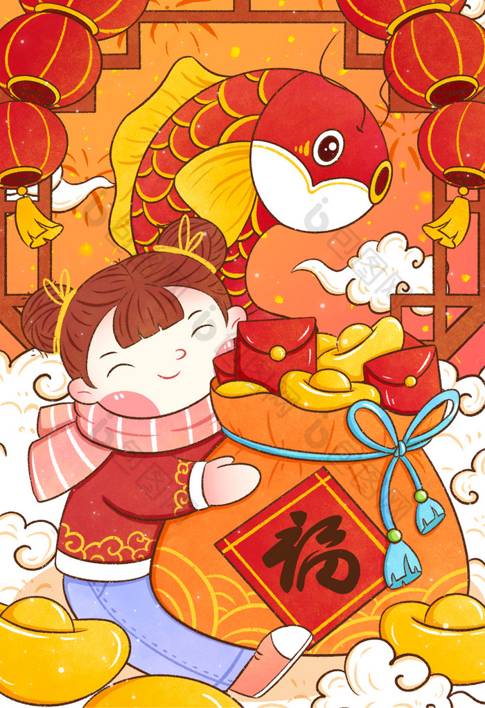 2021红色喜庆牛年女孩与锦鲤插画