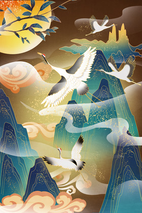 中国古风仙鹤山川云端夕阳插画图片