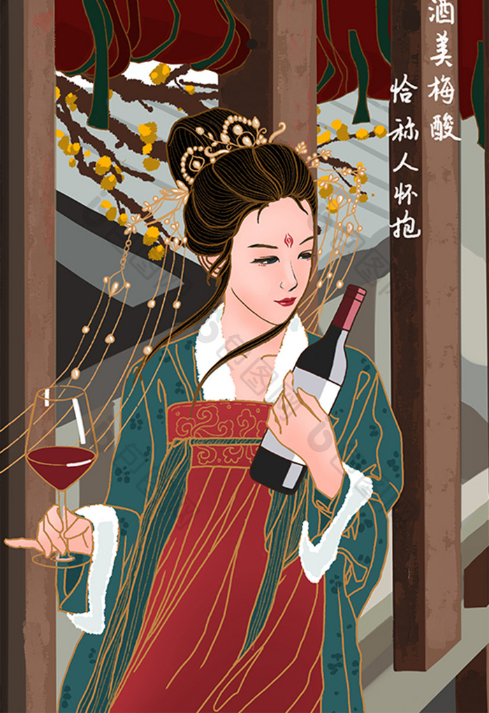 红绿色古风美女插画