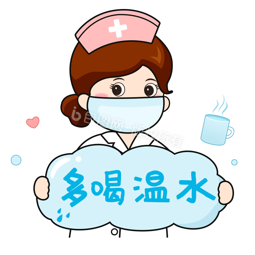 蓝色扁平卡通女护士多喝温水GIF图图片